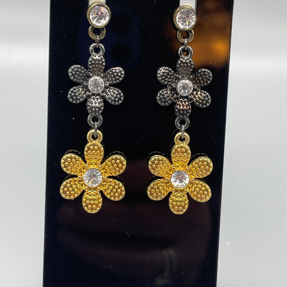 Two Tone Mixed Metal Floral Drop Earrings Rhinestone Flower Dangle Gold Gunmetal